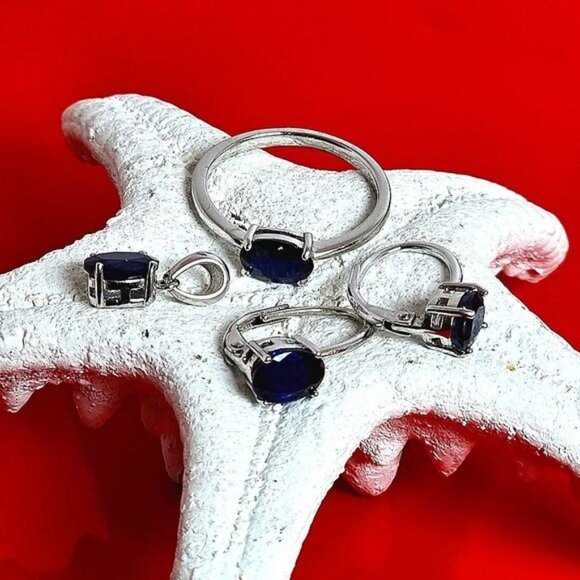 Natural Blue Sapphire set "Celeste". 925 Sterling  Earrings, Pendant, Ring 5.75 - Picture 1 of 15